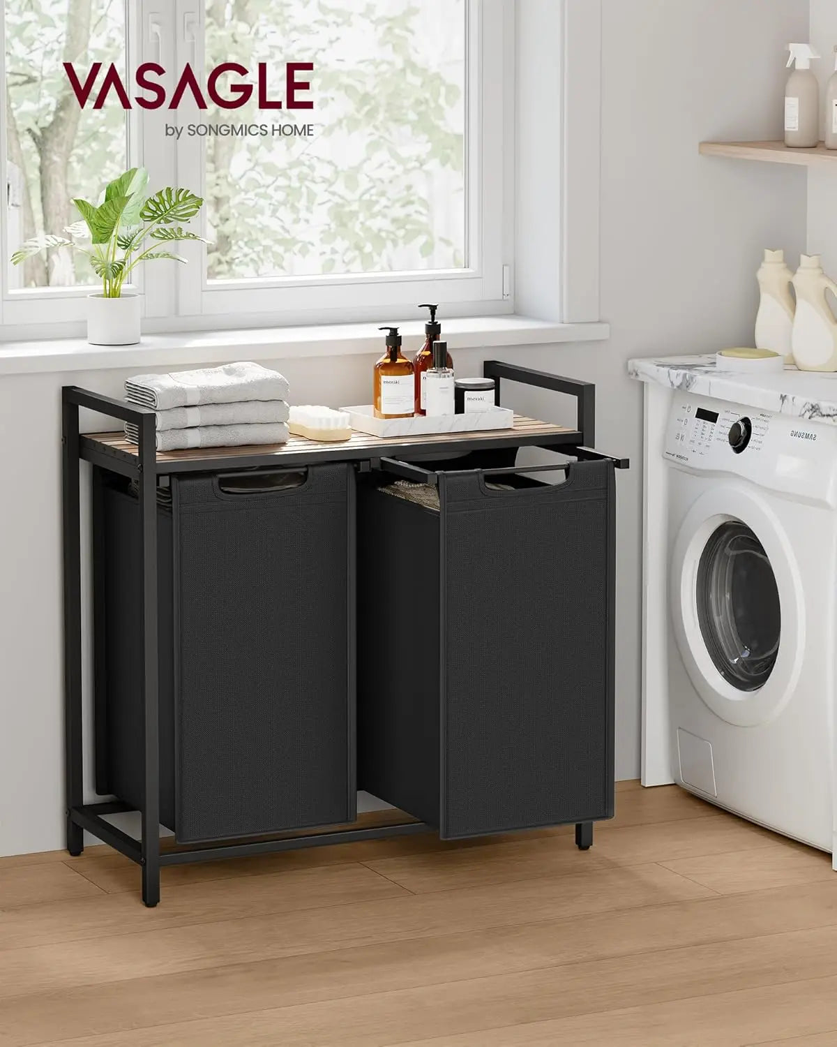 Wäschesammler 92L 2-Fächer Braun Schwarz Stahl von Songmics