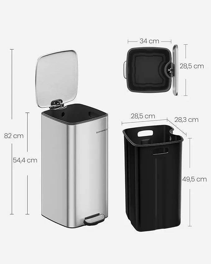 Treteimer 30L Soft-Close Silber Stahl von Songmics