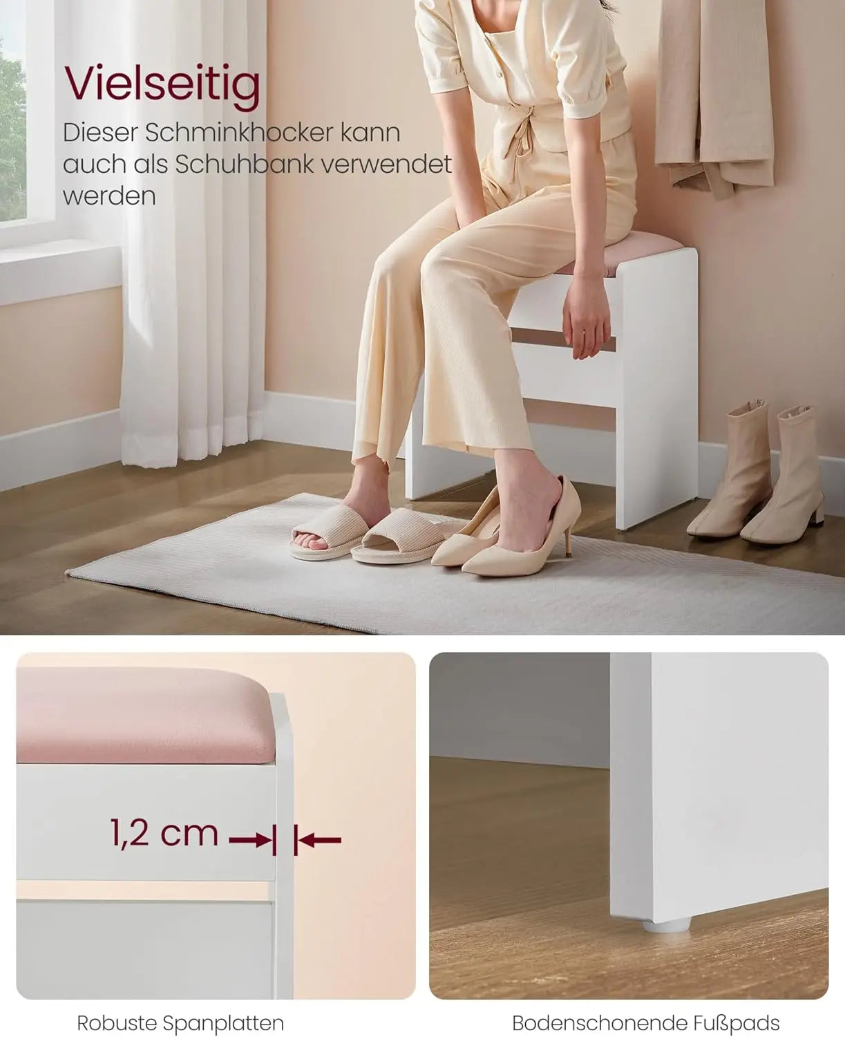 Schminktisch-Hocker Samt Weiss Rosa Gepolstert von Songmics