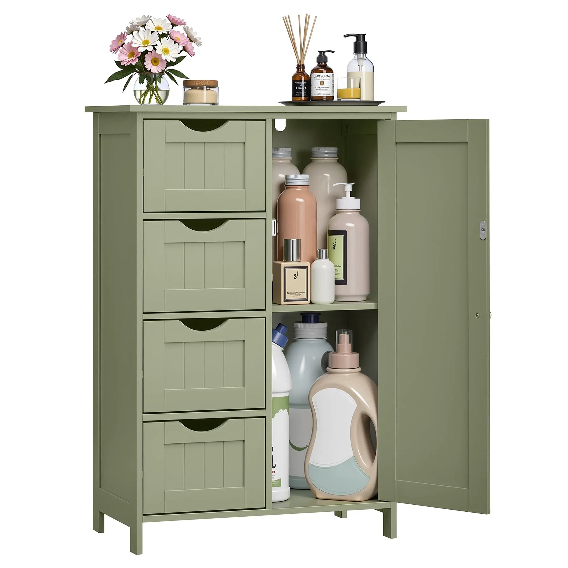 Badezimmerschrank schmal lorbeergrün 4 Schubladen von Songmics