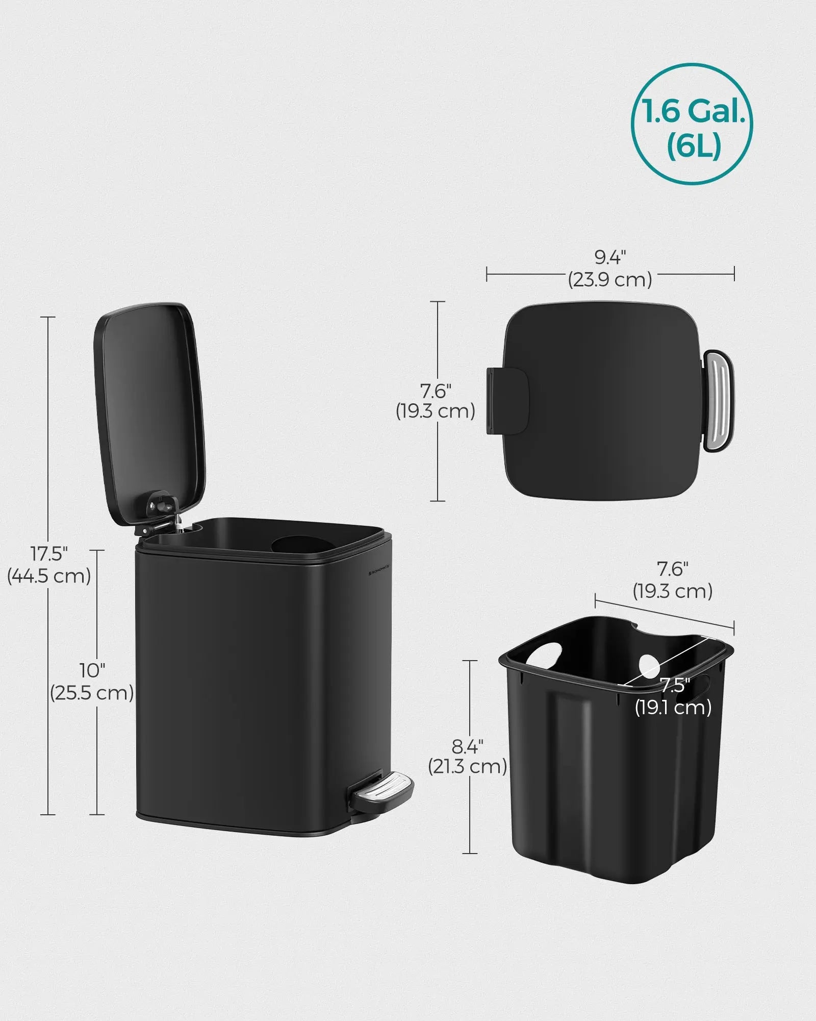 Abfalleimer platzsparend Soft-Close schwarz Stahl von Songmics