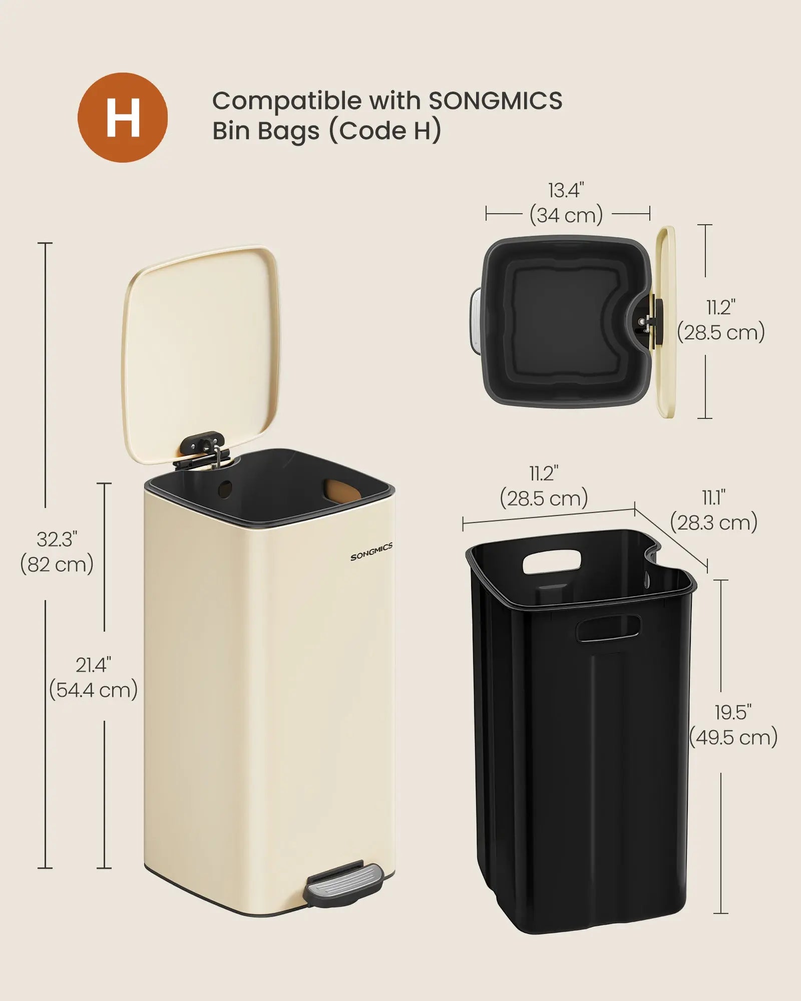 Mülleimer 30L platzsparend sandbeige Stahl von Songmics