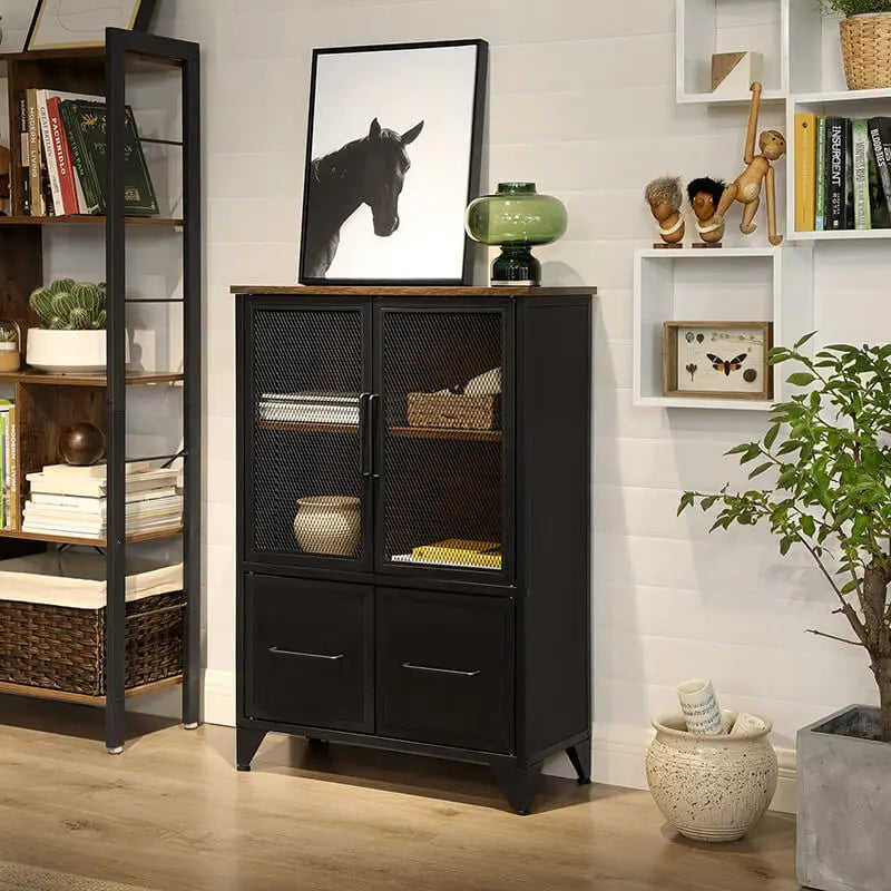 Aufbewahrungsschrank Industrial Metallgittertüren Braun Holz von Songmics