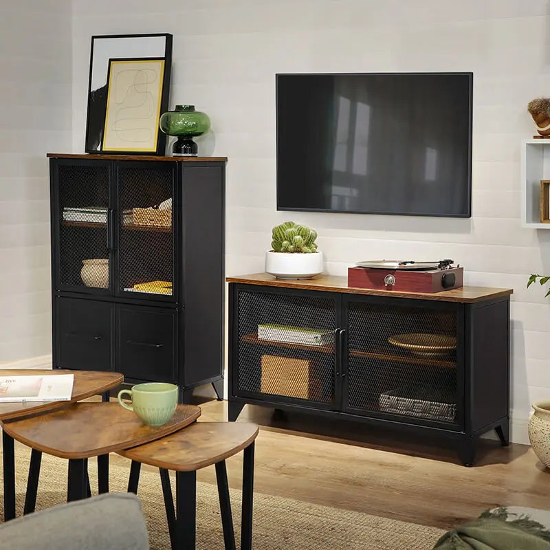Aufbewahrungsschrank Industrial Metallgittertüren Braun Holz von Songmics
