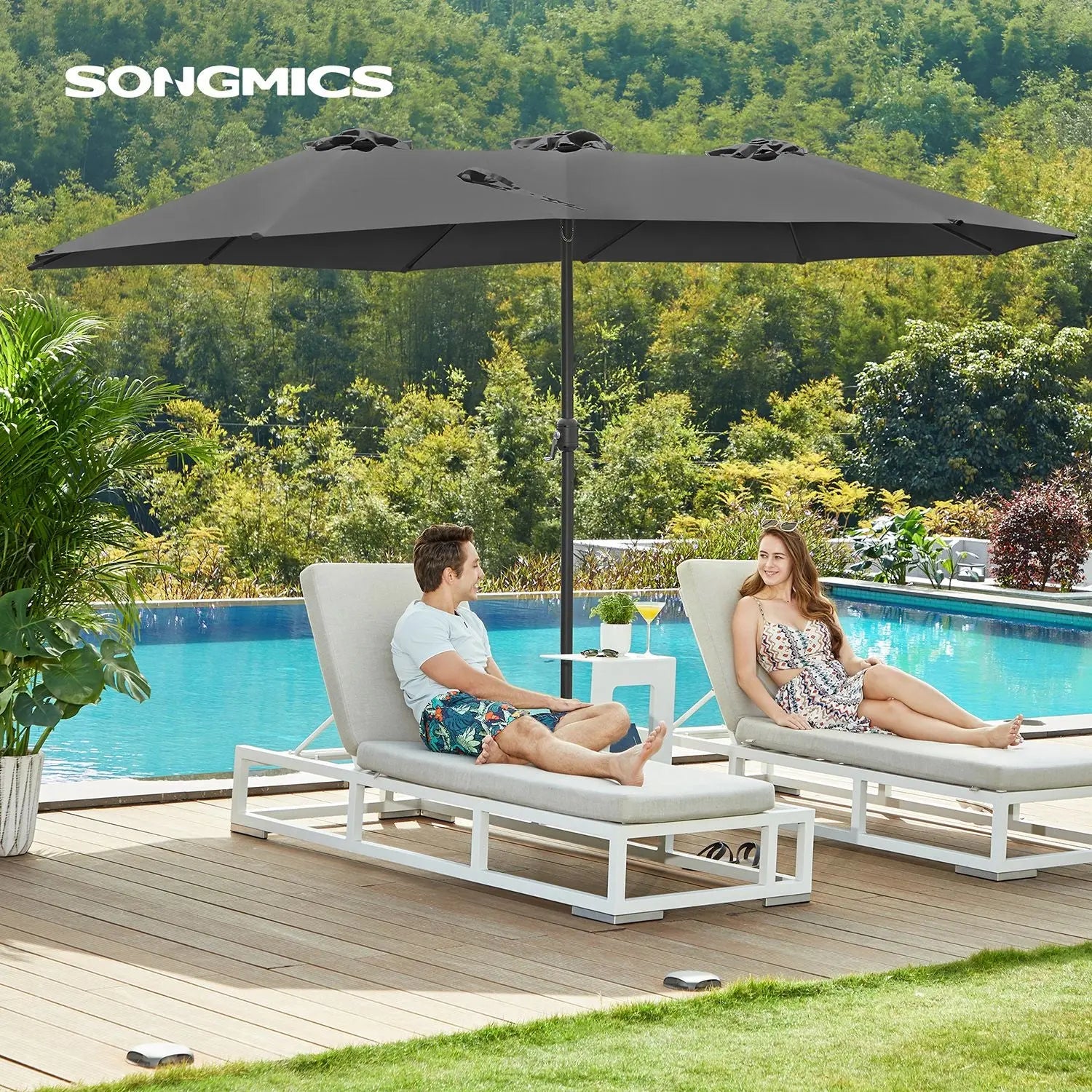 Doppel-Sonnenschirm UPF50+ Grau Polyester von Songmics