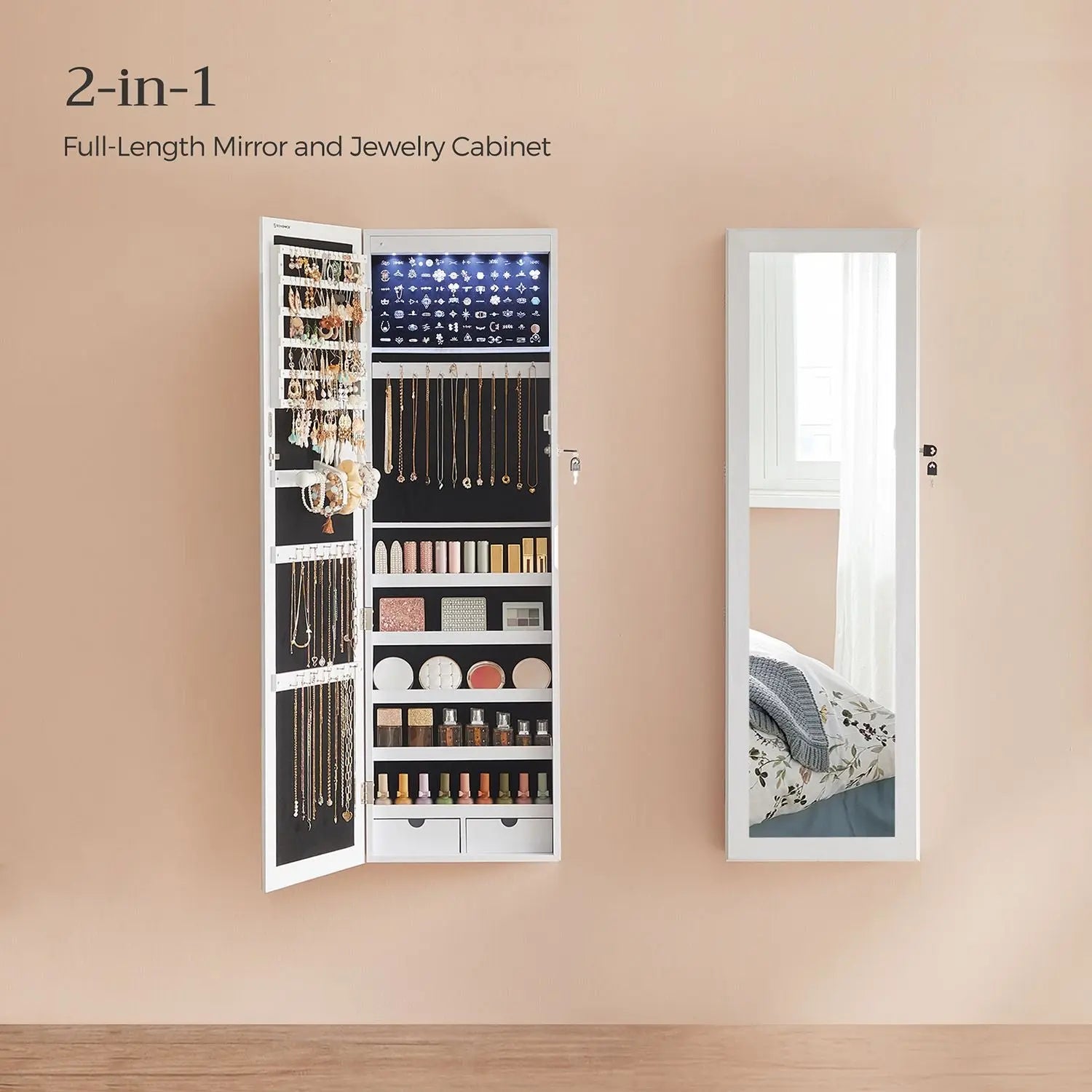Schmuckschrank hängend LED weiss Holzmaserung von Songmics