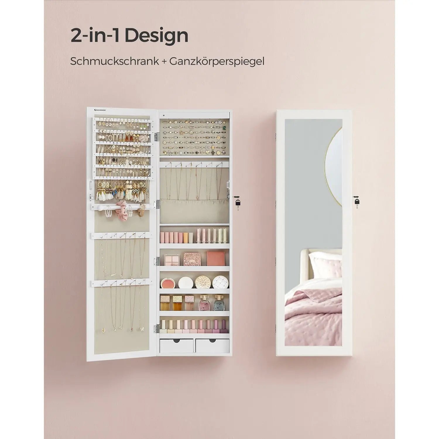 Schmuckschrank Wandmontage Spiegel Weiss Holz von Songmics