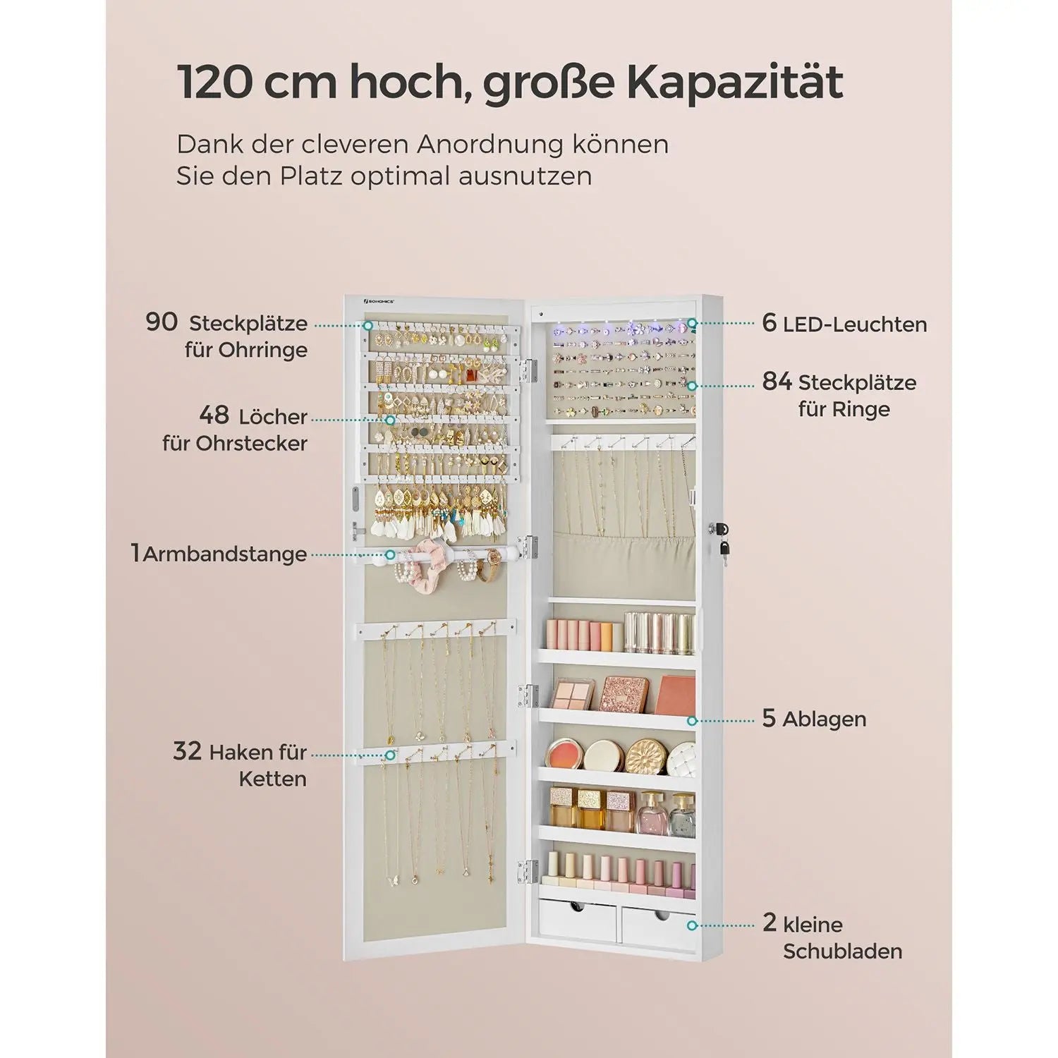 Schmuckschrank Wandmontage Spiegel Weiss Holz von Songmics