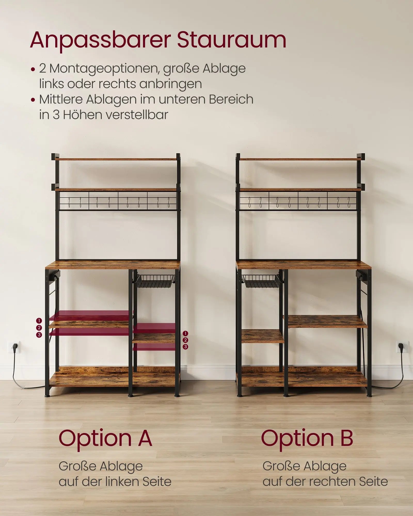 Küchenregal höhenverstellbar Steckdose Vintage-Braun Holz von Songmics