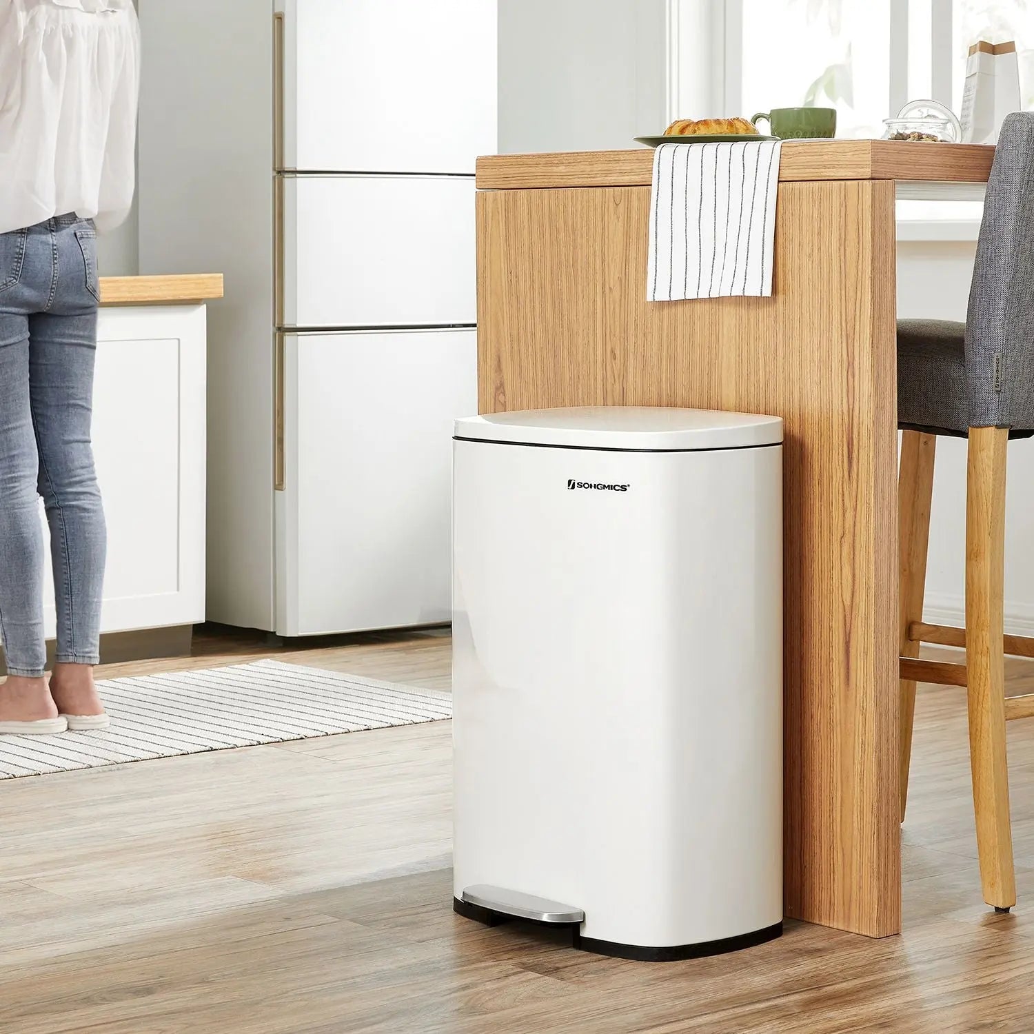 Pedal-Abfalleimer 50L gedämpft weiss Stahl von Songmics