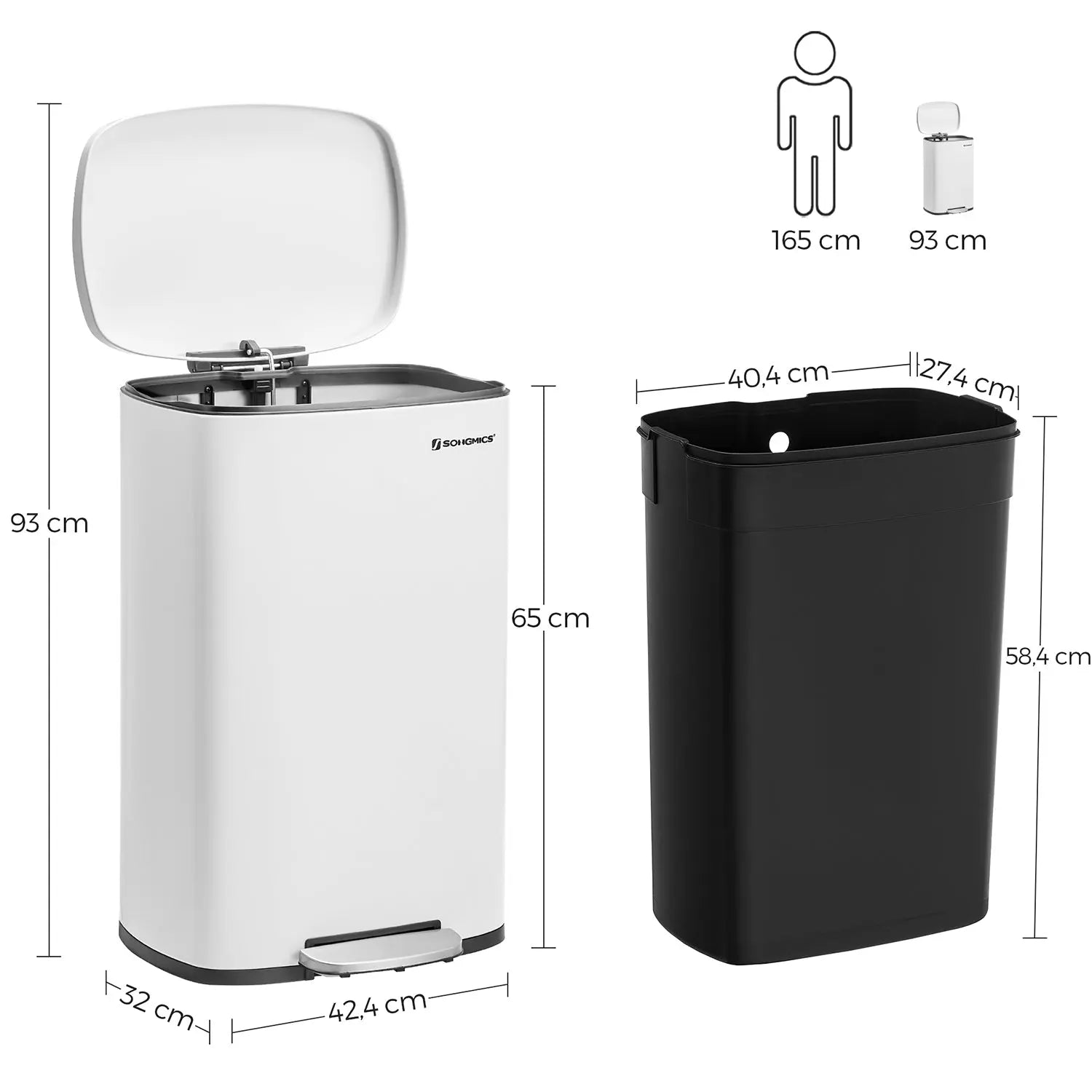 Pedal-Abfalleimer 50L gedämpft weiss Stahl von Songmics