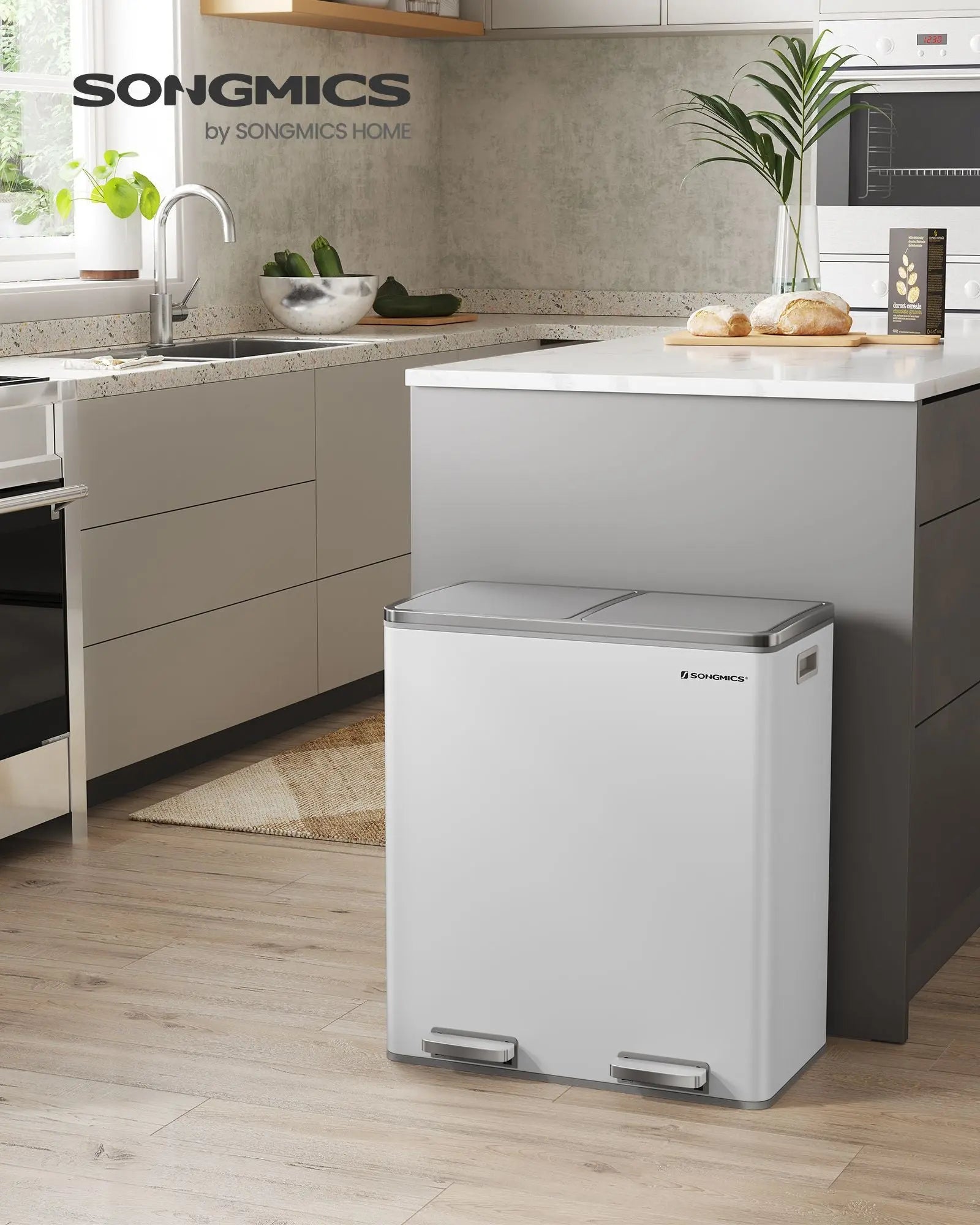 Treteimer 60L Mülltrennung Weiss Stahl von Songmics