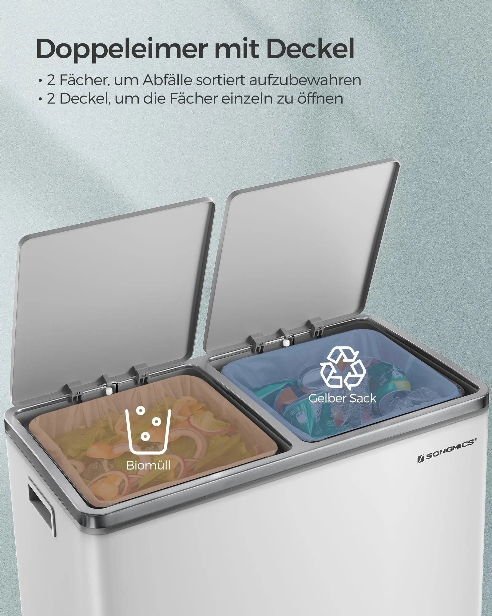 Treteimer 60L Mülltrennung Weiss Stahl von Songmics
