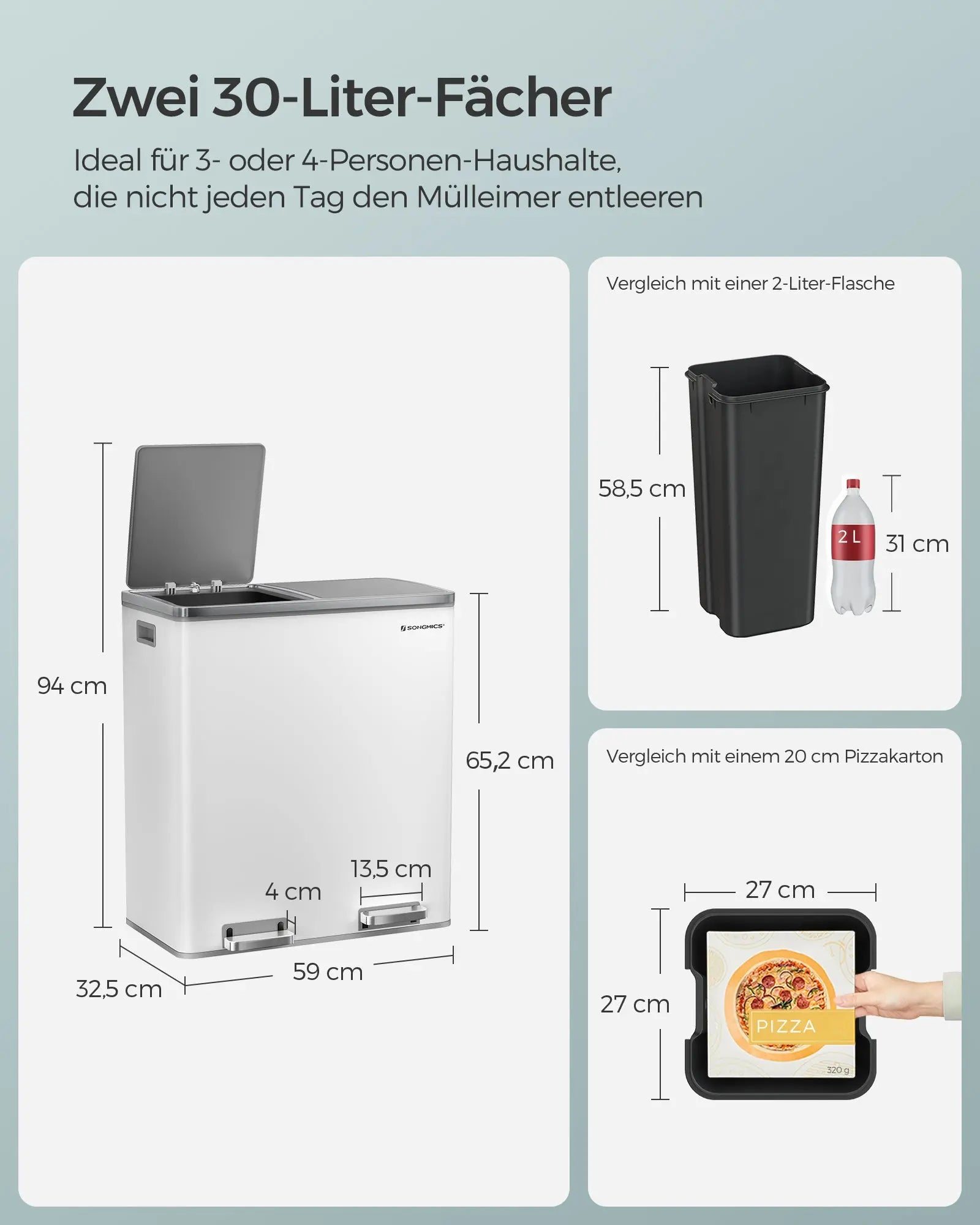 Treteimer 60L Mülltrennung Weiss Stahl von Songmics