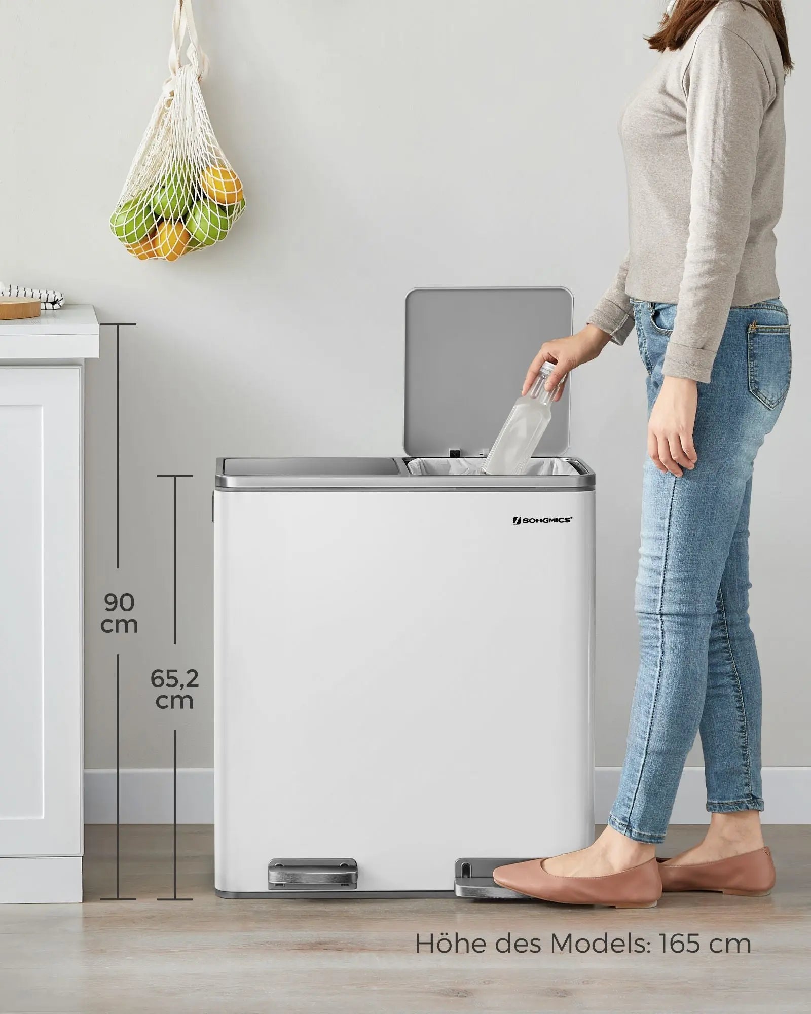 Treteimer 60L Mülltrennung Weiss Stahl von Songmics