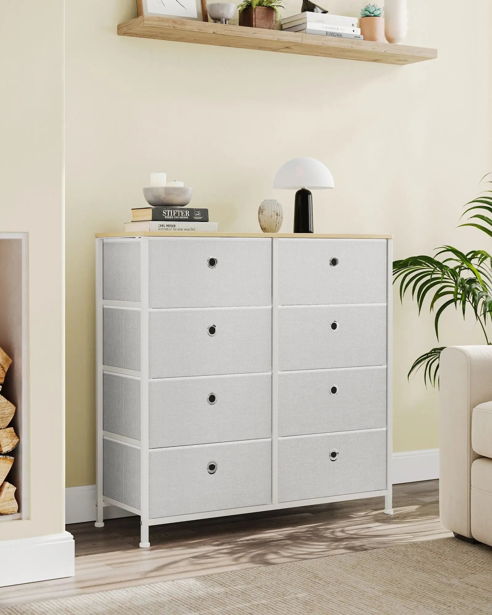 Kommode 8 Schubladen Stoff Creme Eiche von Songmics