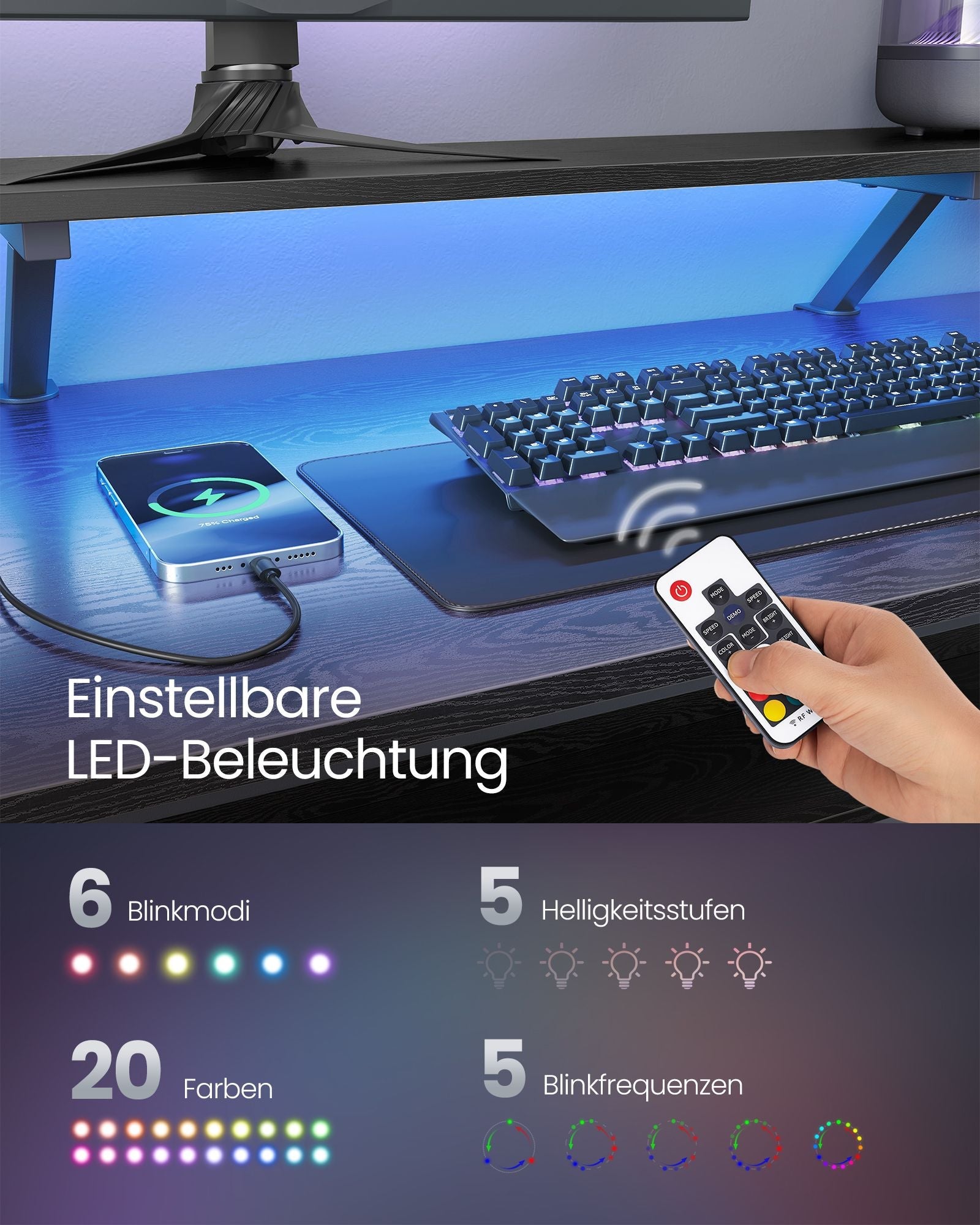 Eckschreibtisch LED USB Schwarz Holz von Songmics