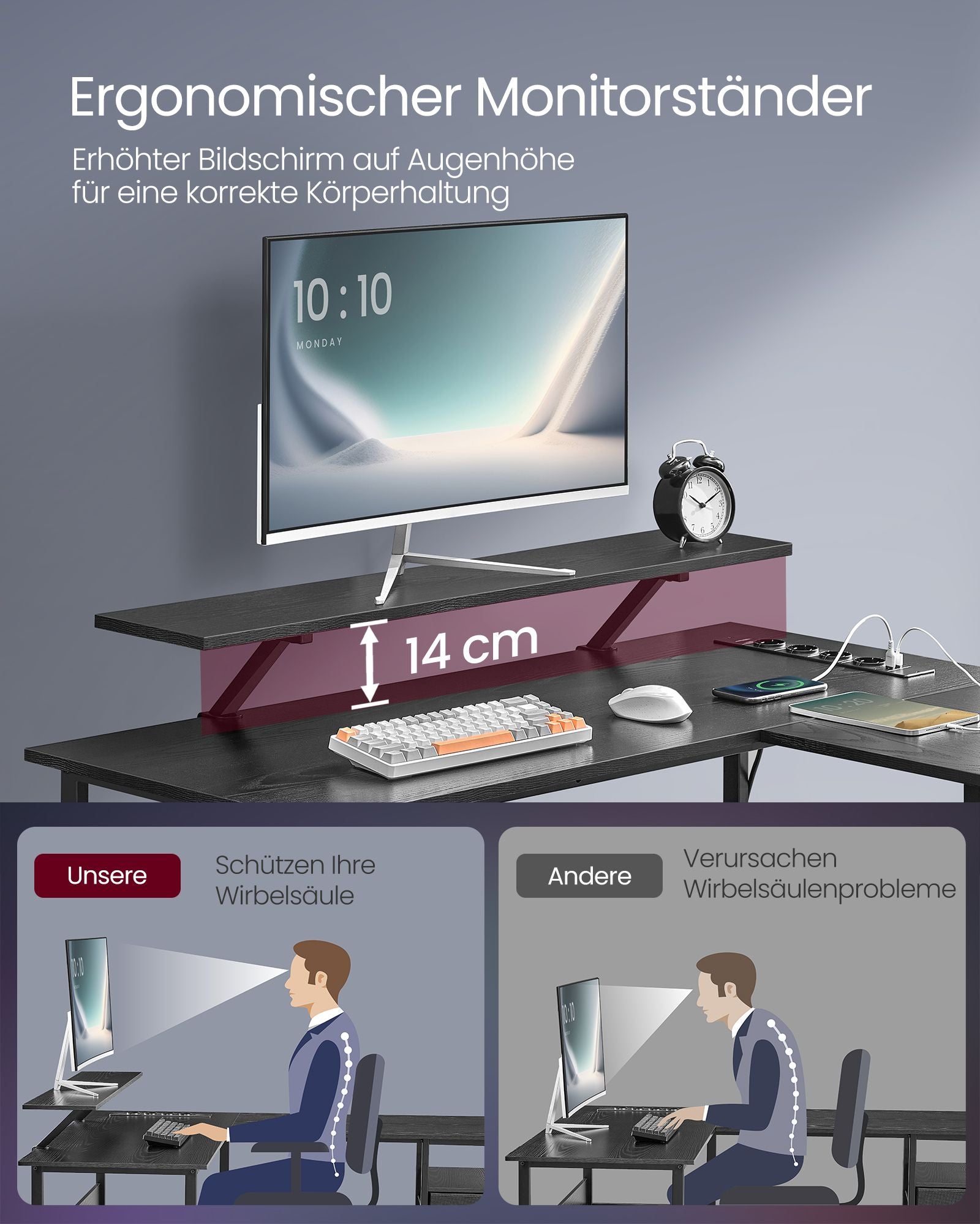 Eckschreibtisch LED USB Schwarz Holz von Songmics