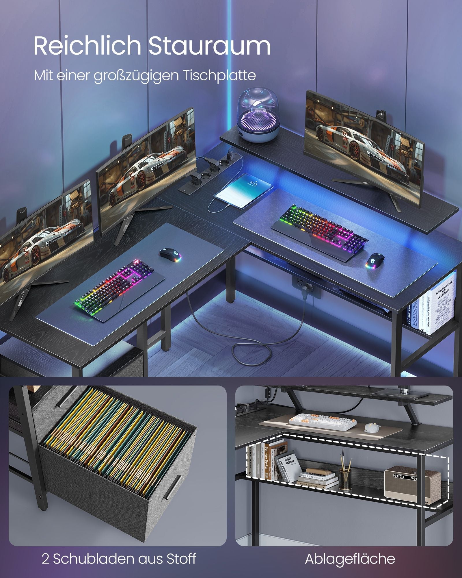 Eckschreibtisch LED USB Schwarz Holz von Songmics