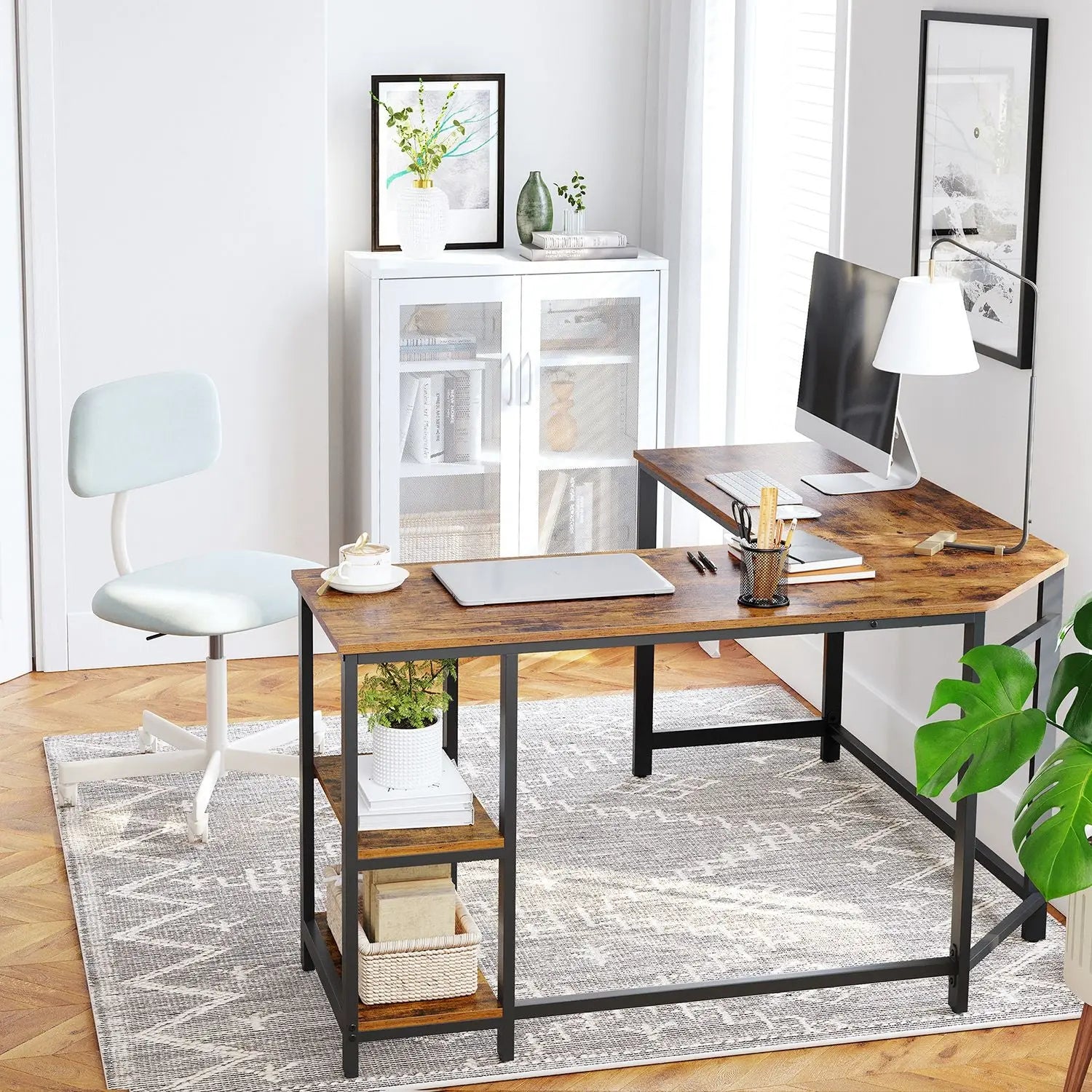 L-Schreibtisch platzsparend vintagebraun Holz von Songmics