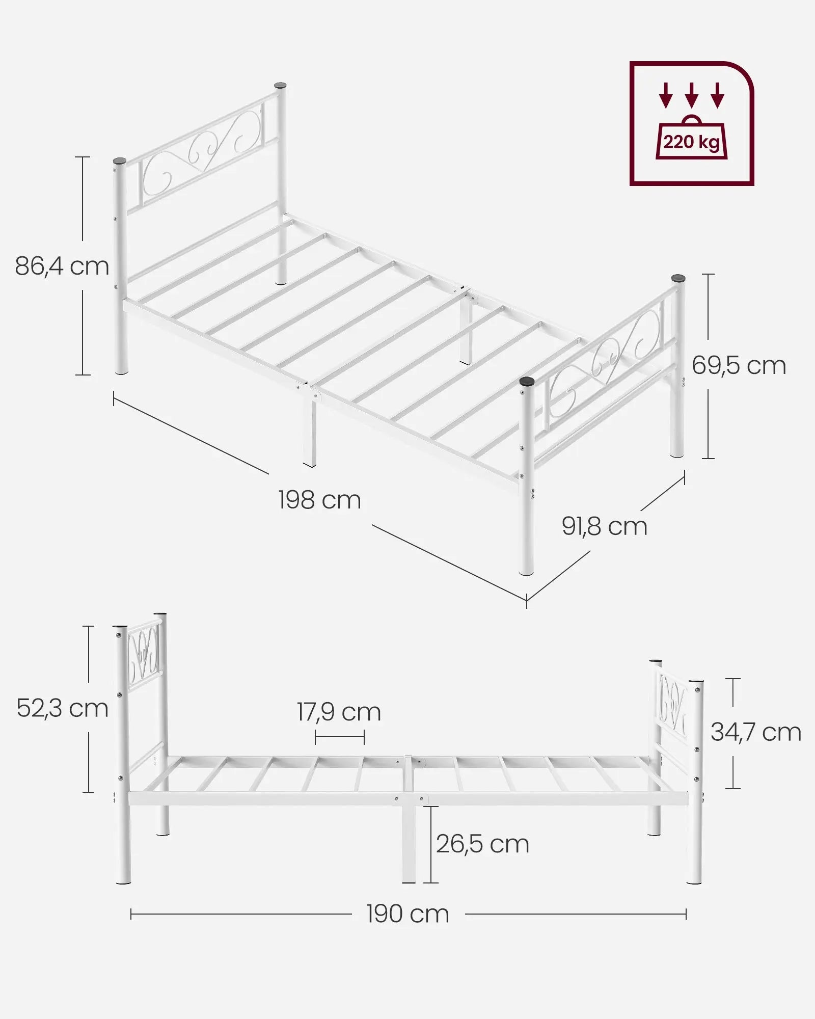 Metallbettgestell 90x190cm Weiss Platzsparend Einfachmontage von Songmics
