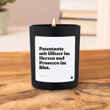 Duftkerze Schwarz Woody Patentante mit Glitzer im Herzen und Prosecco im Blut. von ChattyCandles